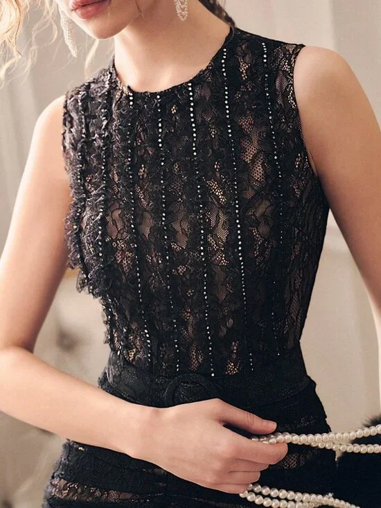 Black Elegant Women's Sleeveless Lace Layered Dress - Picture 3 of 7